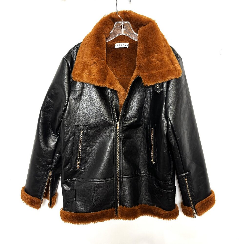Lioness Blk Faux Leather Warm Fur Lined Jacket Large  EUC